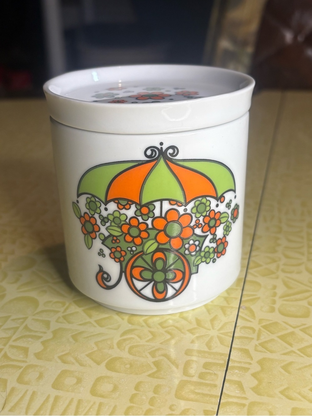 Vintage Retro Floral Umbrella Ceramic Canister - Orange & Green